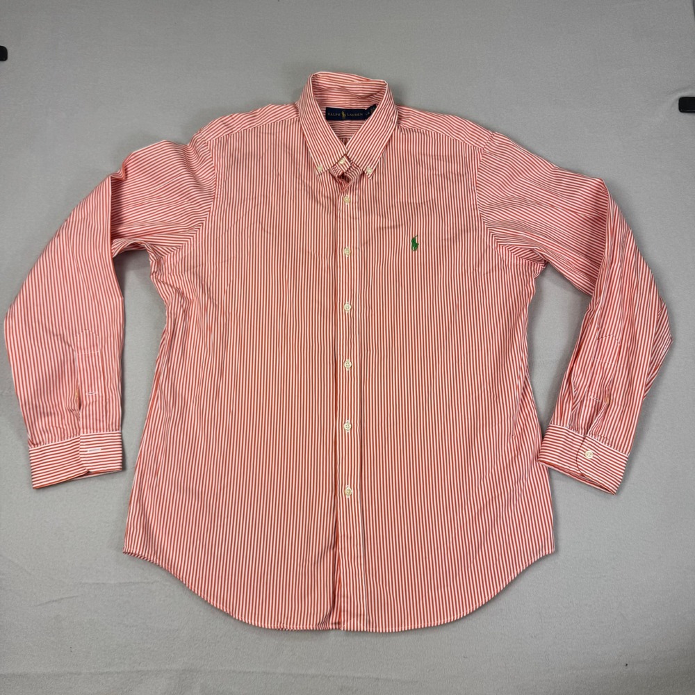 Ralph Lauren Mens Large Orange White Striped Button Shirt Long Sleeve Cotton